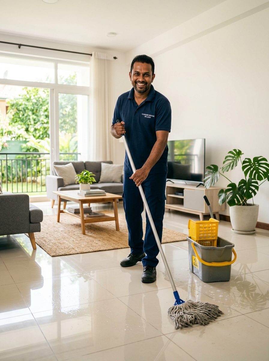 Cleaner mopping a living room